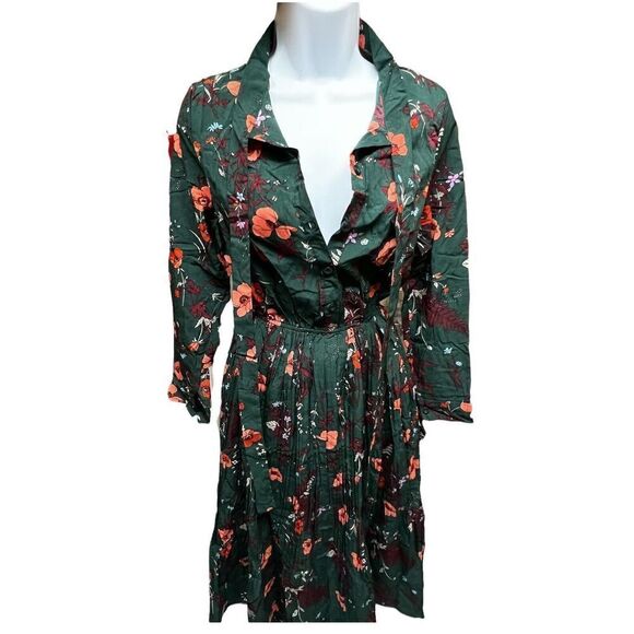 Floral Dress Women’s M Green Modest Long Sleeve Pleated Elastic Waist - Picture 2 of 16